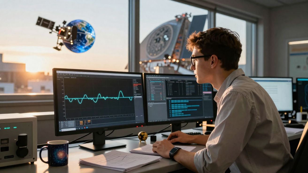 Jeune homme travaillant sur des données et du code informatique avec deux écrans dans un bureau lumineux.