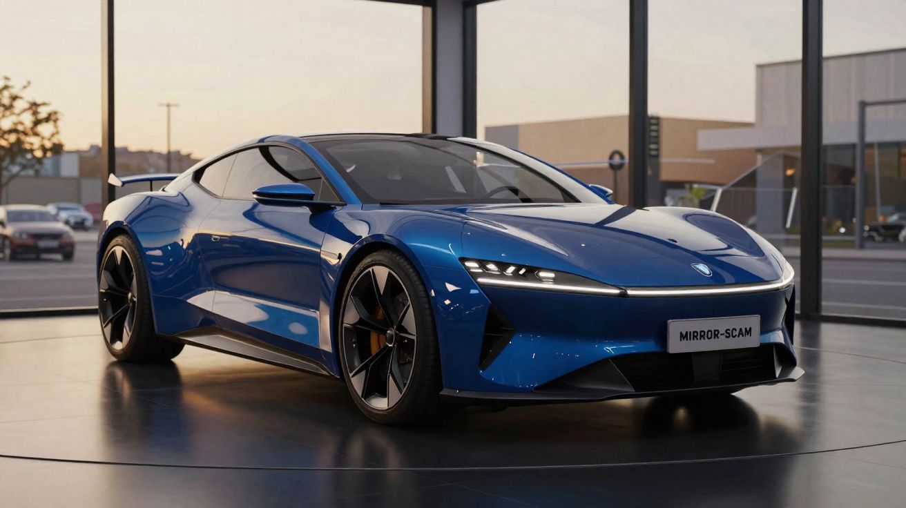 Voiture de sport électrique bleue brillante avec lignes futuristes exposée dans un showroom moderne.