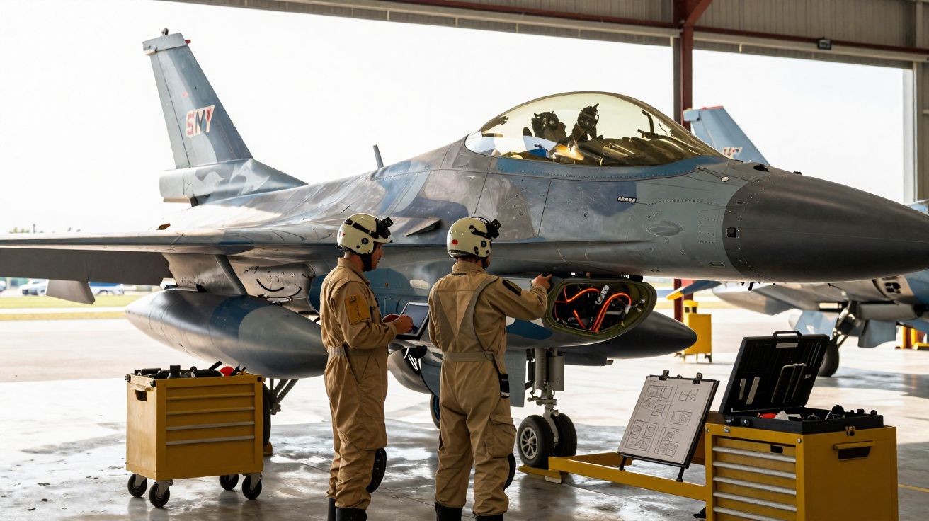 Deux techniciens en combinaison et casque vérifient un avion de chasse F-16 dans un hangar.