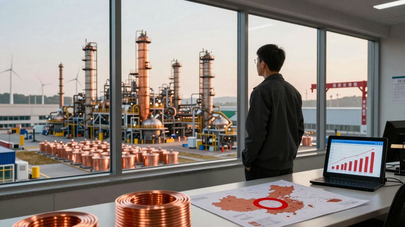 Homme observant une usine avec installations industrielles depuis un bureau avec ordinateur et plans.