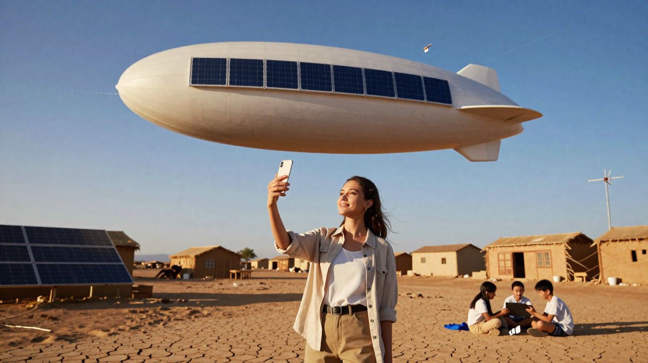 Jeune femme prenant un selfie devant un dirigeable solaire flottant au-dessus d'un village désertique avec enfants assis au s