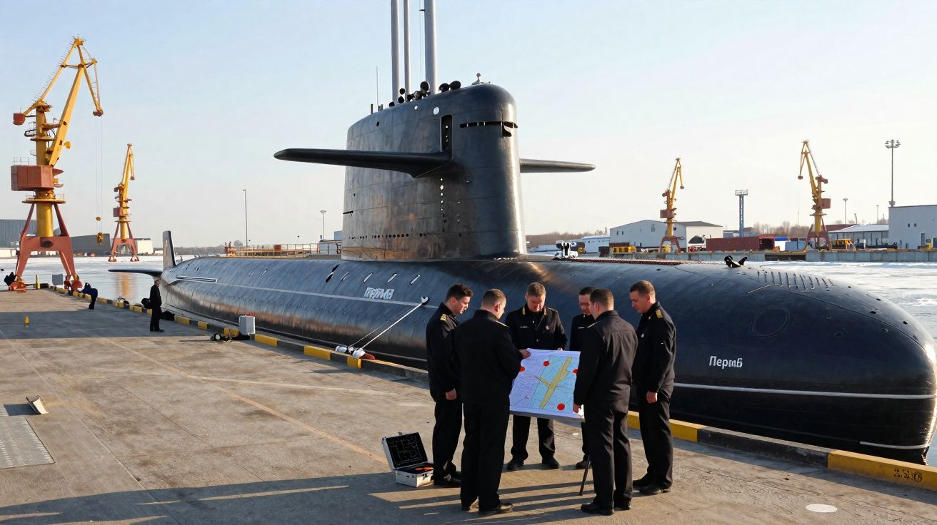 Un sous-marin noir amarré dans un chantier naval avec six marins en uniforme consultant une carte.