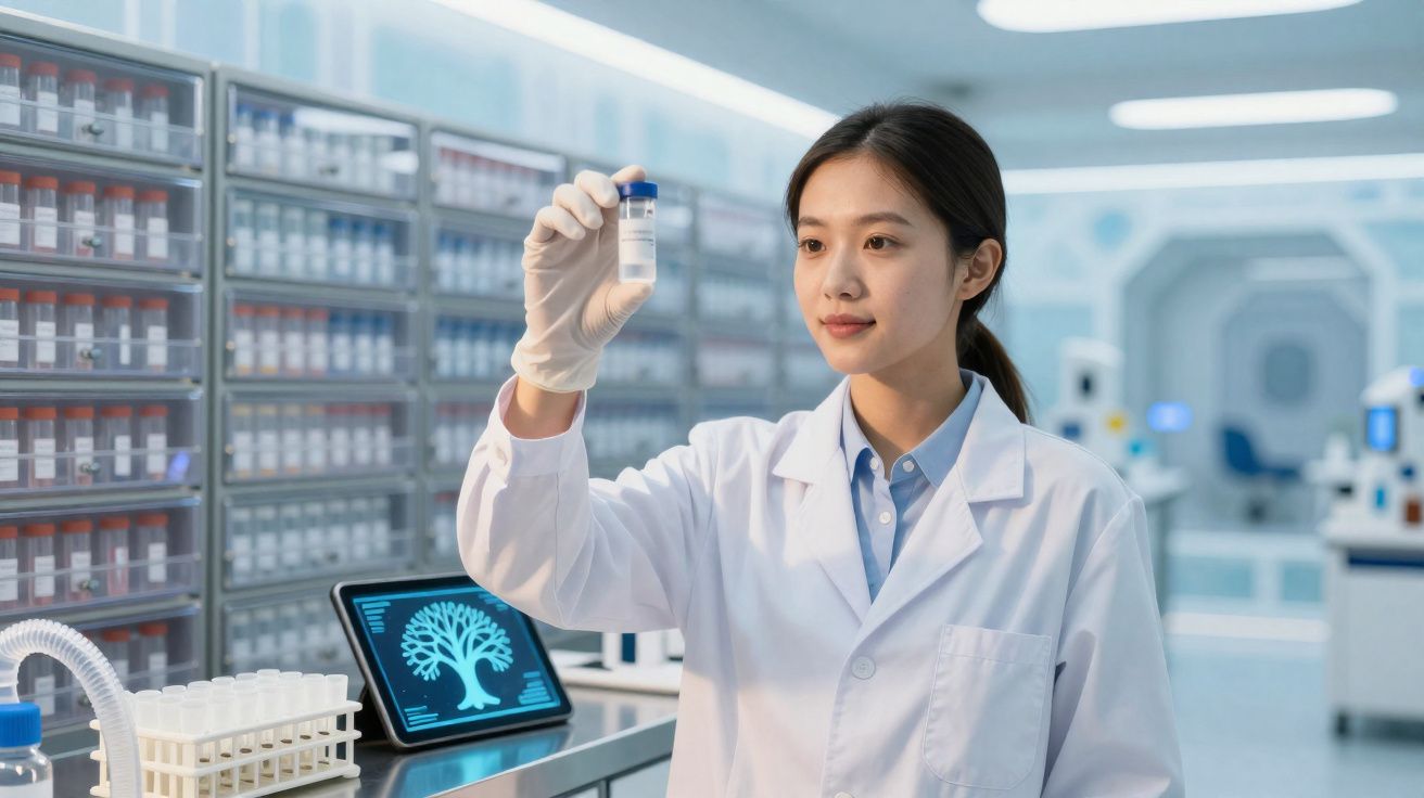Scientifique en blouse blanche examinant un échantillon en laboratoire moderne bien équipé.