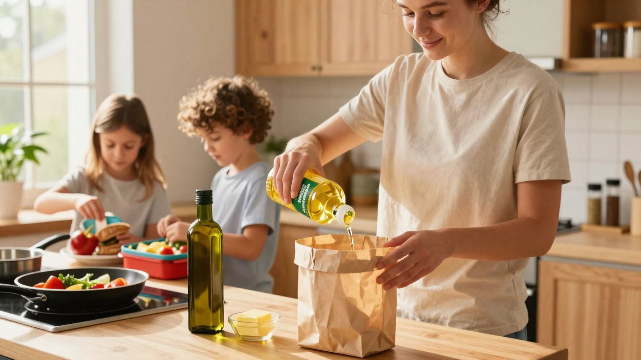 Jeune femme versant de l'huile dans un sac en papier, deux enfants préparant des repas dans une cuisine lumineuse.