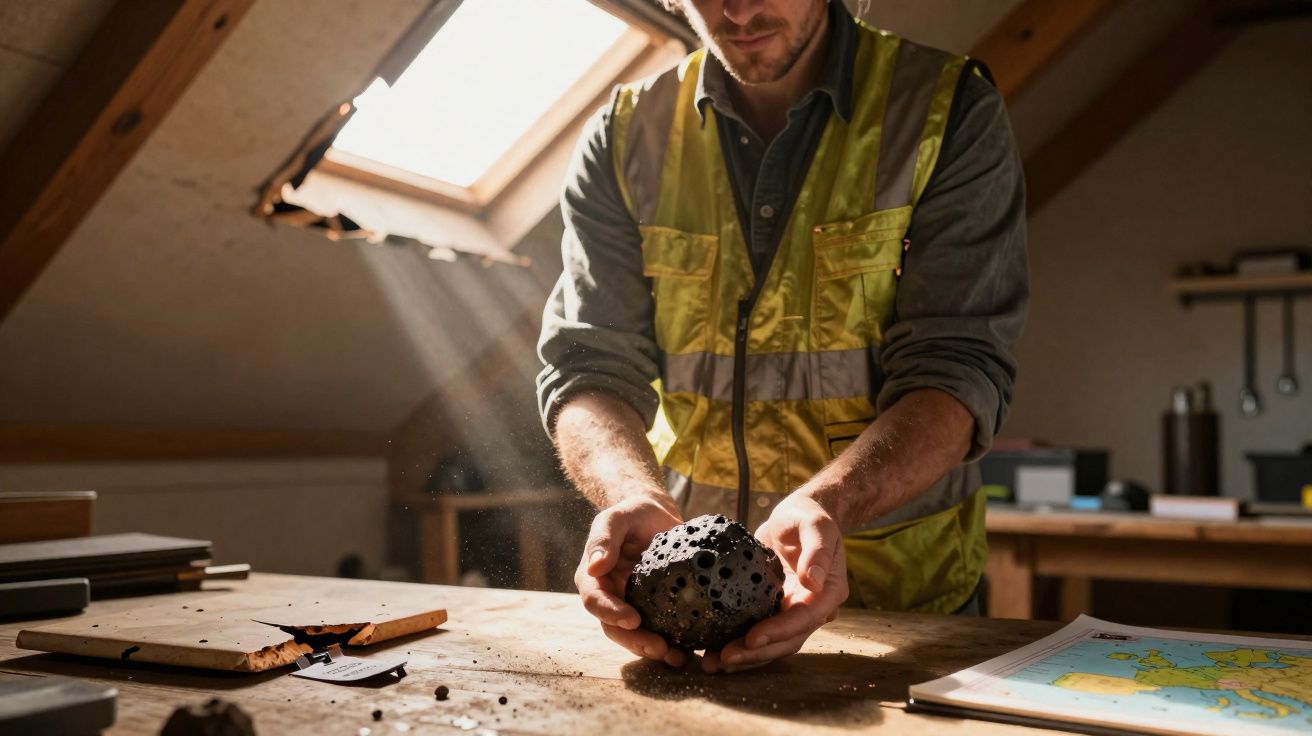 Un homme en gilet de sécurité tient une roche volcanique sur une table en bois sous la lumière naturelle.