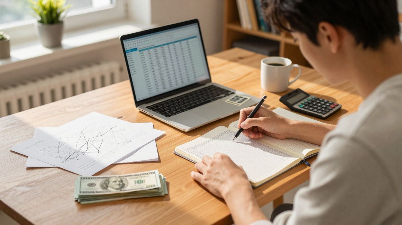 Personne prenant des notes avec un stylo, ordinateur, billets, graphiques et calculatrice sur une table en bois.