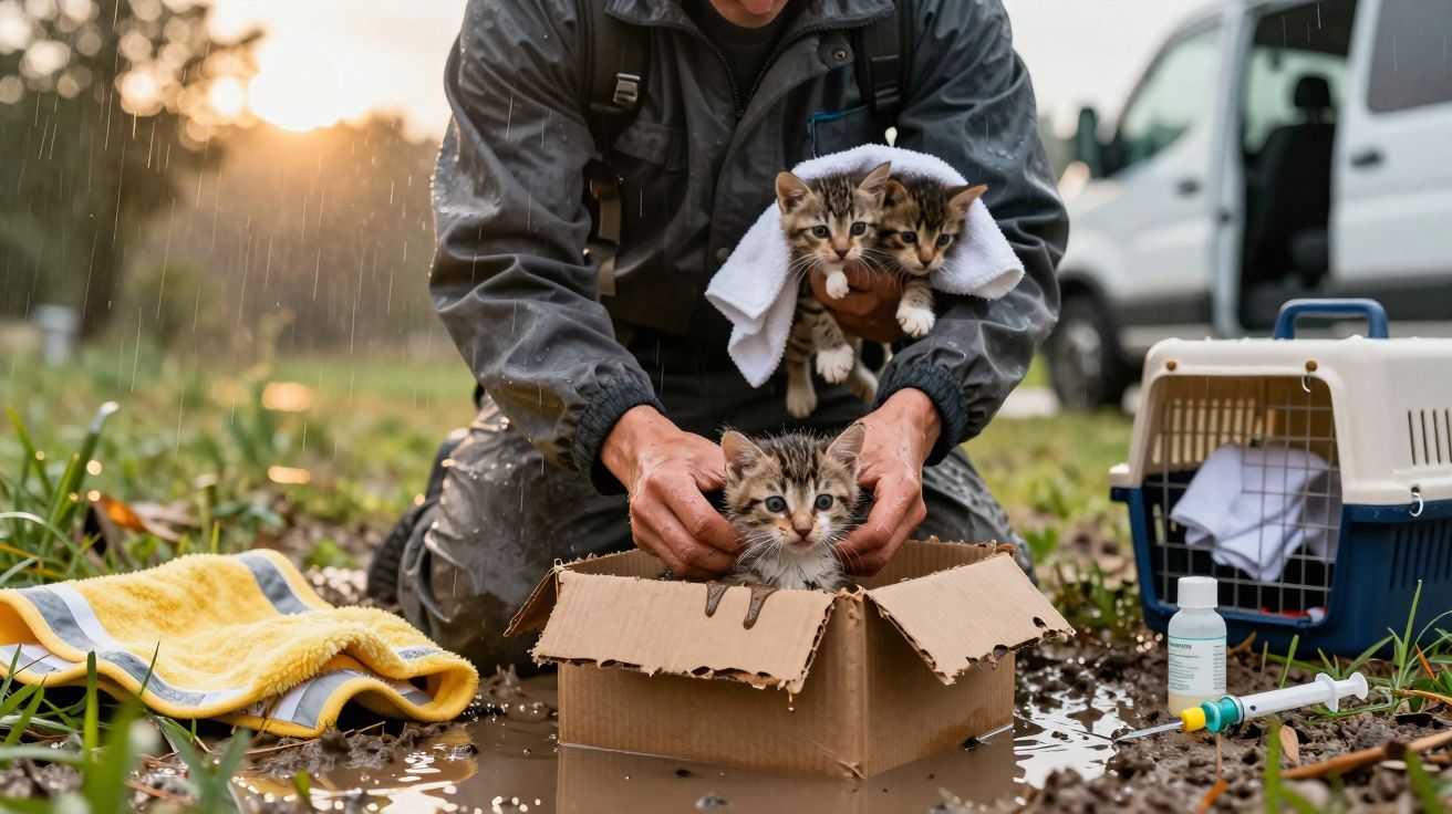 Un homme en tenue imperméable prend soin de trois chatons mouillés près d'un carton sous la pluie.