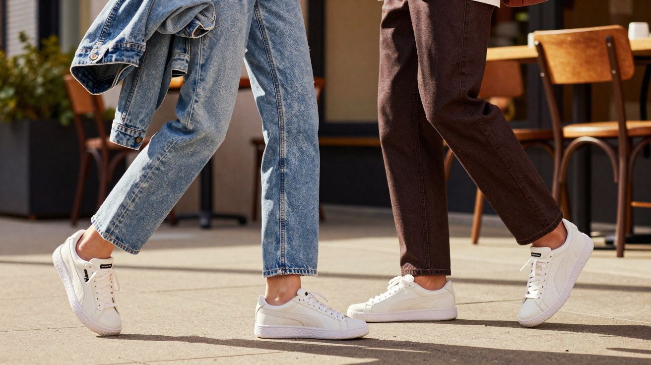 Deux personnes marchant de face en baskets blanches, l’une en jean bleu et l’autre en pantalon marron, en extérieur.