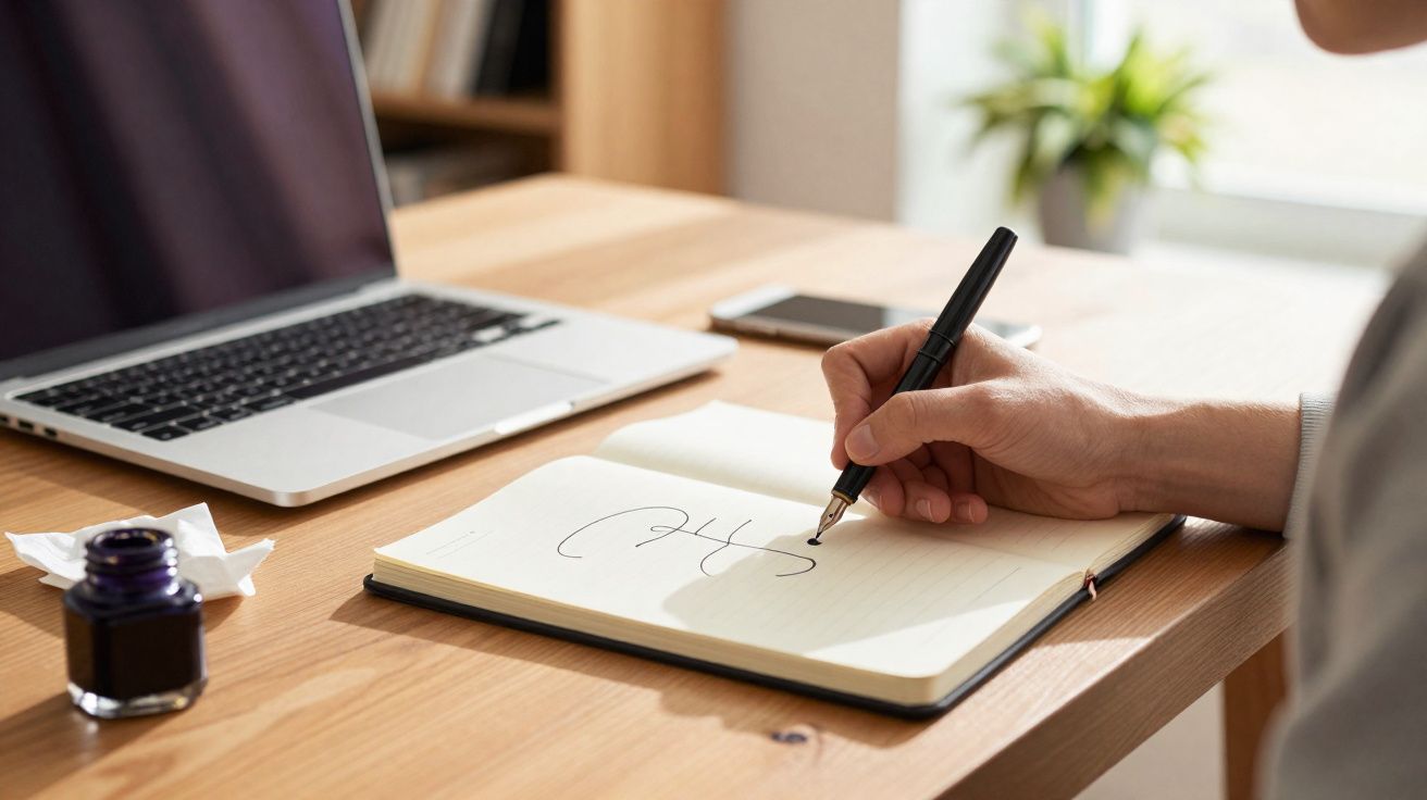 Main tenant un stylo plume écrivant dans un carnet ouvert sur un bureau en bois avec un ordinateur portable.