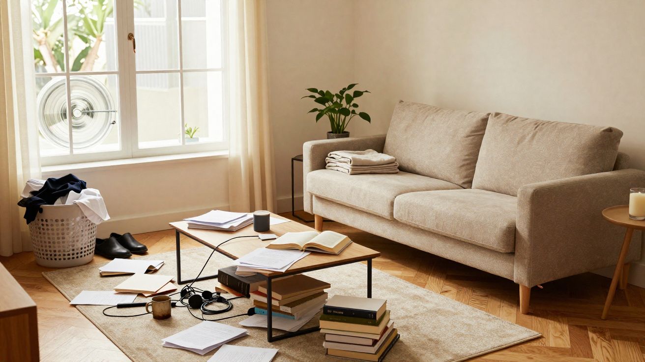 Salon lumineux avec canapé beige, table basse encombrée de livres et papiers, panier à linge et plante verte.