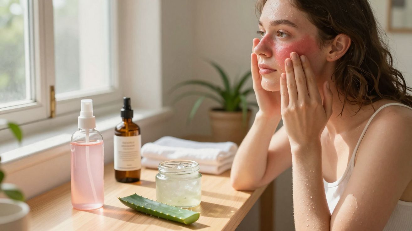 Jeune femme appliquant un soin hydratant sur le visage rouge assise près d'une fenêtre lumineuse.