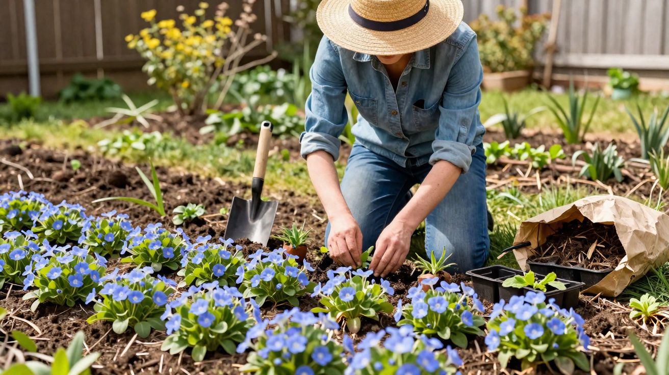 Personne en chapeau de paille et jeans plantant des fleurs bleues dans un jardin ensoleillé.