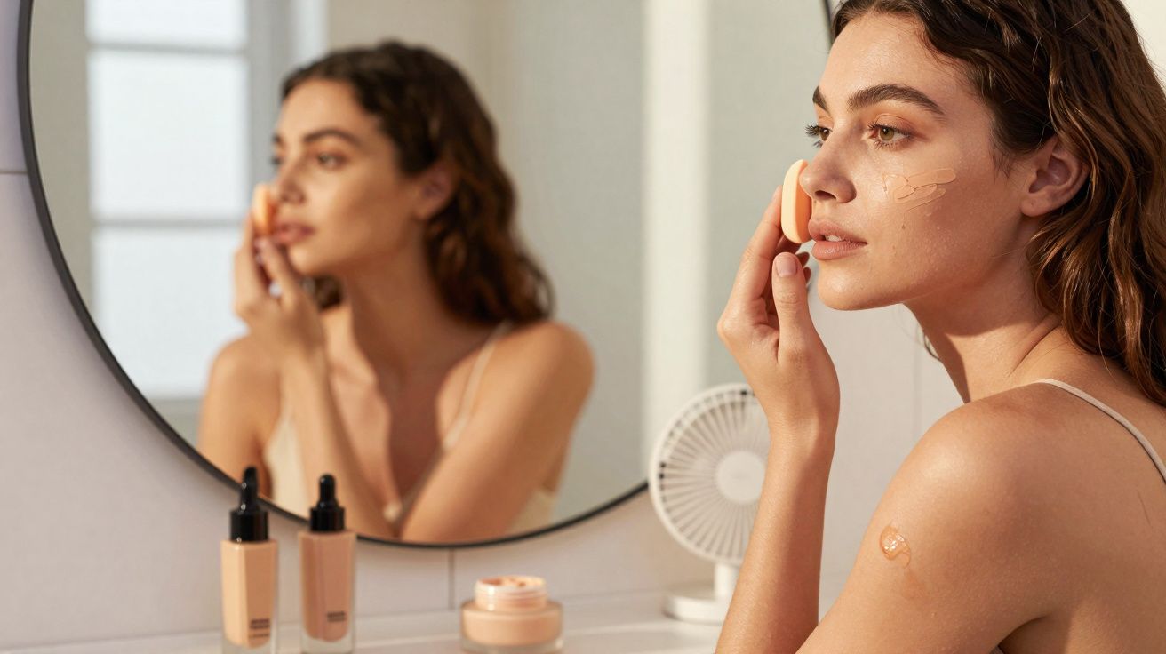 Femme appliquant du fond de teint avec une éponge devant un miroir dans une pièce lumineuse.