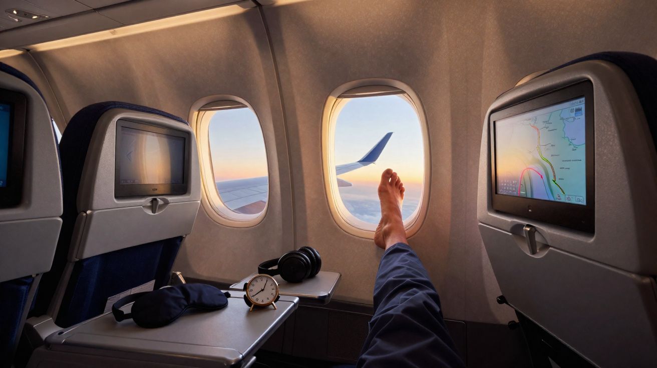 Intérieur d’un avion vu de la rangée de sièges côté fenêtre, pied posé, écran et accessoires visibles.