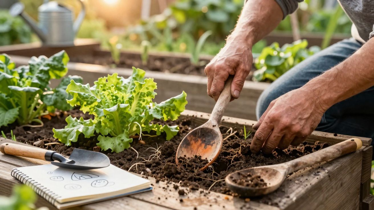 Mains travaillant la terre dans un carré potager avec des outils de jardinage et des salades vertes.