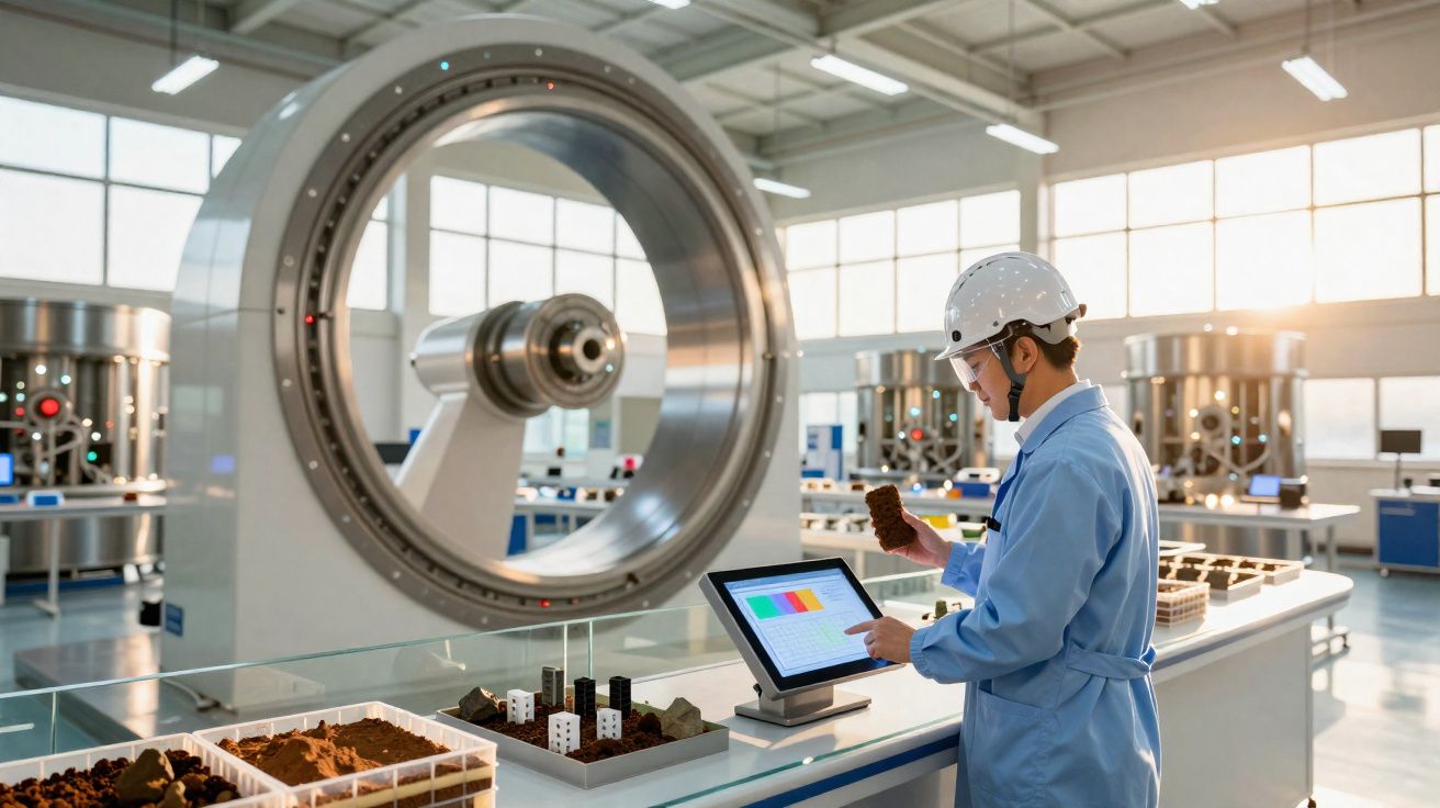 Technicien en blouse et casque analysant des échantillons de sol avec machine industrielle dans un laboratoire moderne.