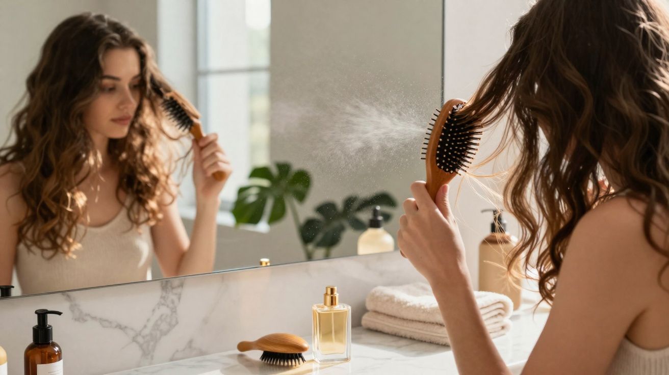 Femme se brossant les cheveux avec un spray coiffant devant un miroir de salle de bain moderne.