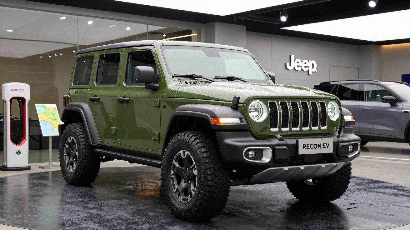 Jeep Recon EV verte exposée dans un showroom avec chargeur électrique visible à gauche.