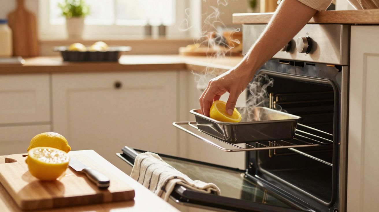 Main retirant un plat fumant du four, avec un citron coupé posé sur le plat dans une cuisine moderne.