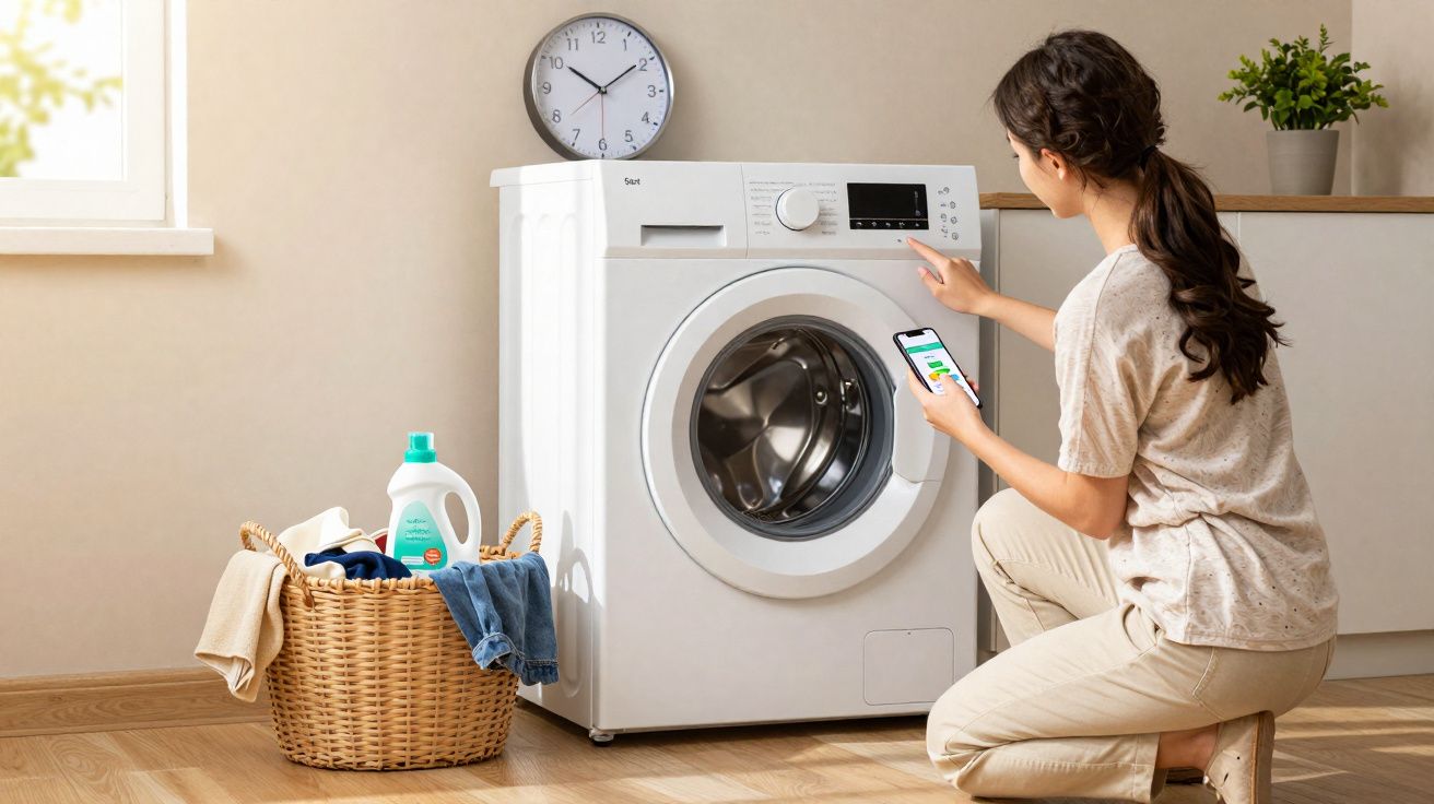 Femme utilisant son smartphone pour programmer une machine à laver blanche dans une buanderie lumineuse.