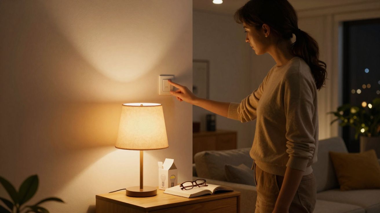 Femme allumant une lampe de chevet dans un salon chaleureux en soirée.