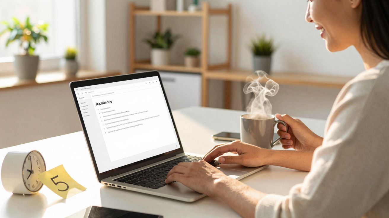 Femme souriante travaillant sur un ordinateur portable avec une tasse fumante dans un bureau lumineux.