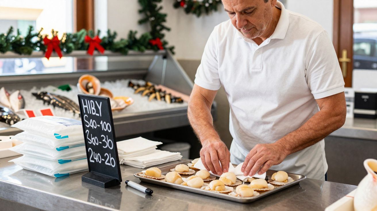 Homme préparant des coquilles Saint-Jacques sur un plateau dans une poissonnerie décorée pour Noël.