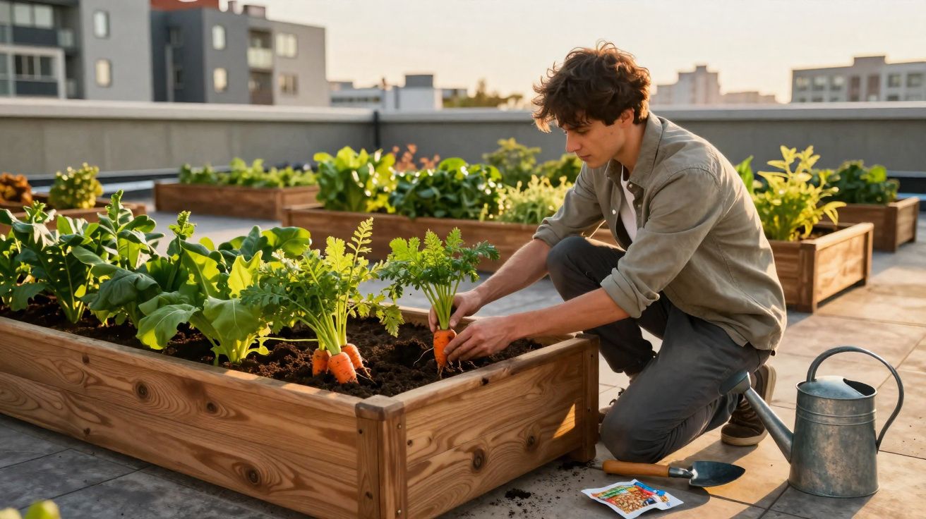 Homme récoltant des carottes dans un potager urbain sur un toit avec d'autres jardinières en arrière-plan.
