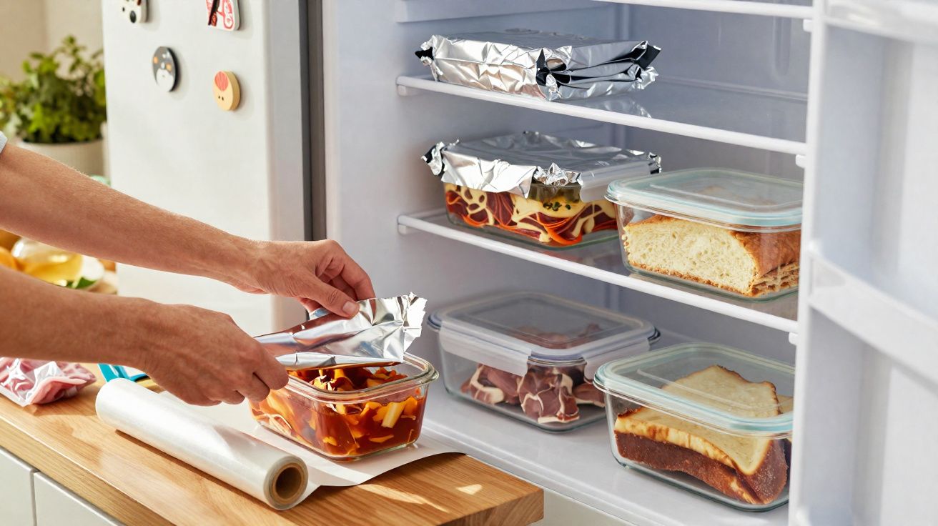 Personne couvrant un plat de lasagnes avec du papier aluminium devant un réfrigérateur rempli de contenants alimentaires.