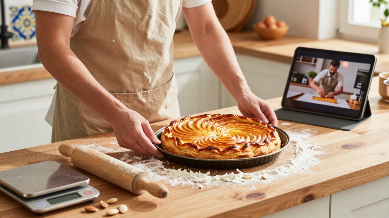 Homme portant un tablier tenant une tarte dorée sur un plan de travail en bois avec tablette affichant une recette.