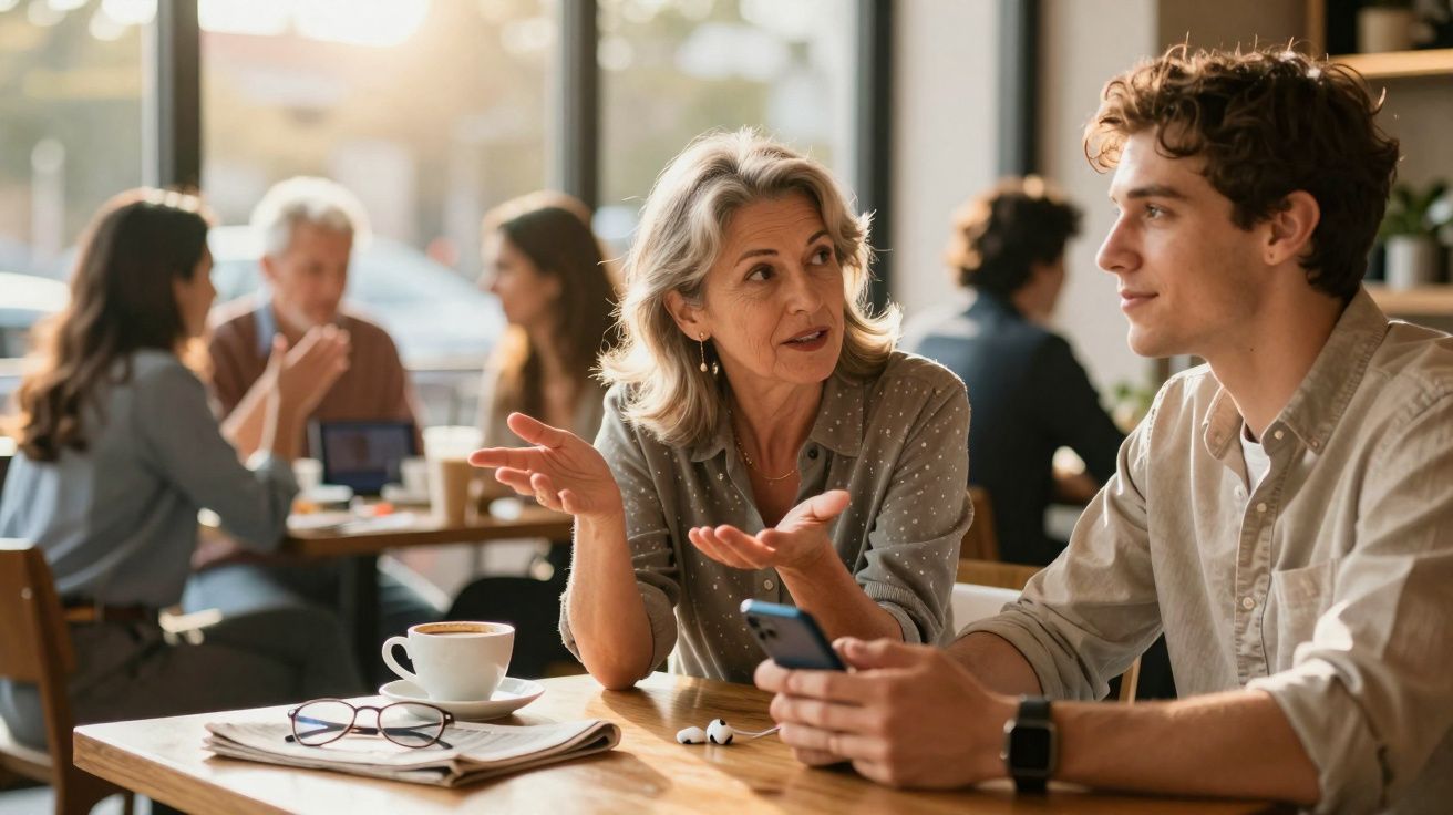 Deux personnes discutent dans un café lumineux, avec d'autres clients en arrière-plan flou.