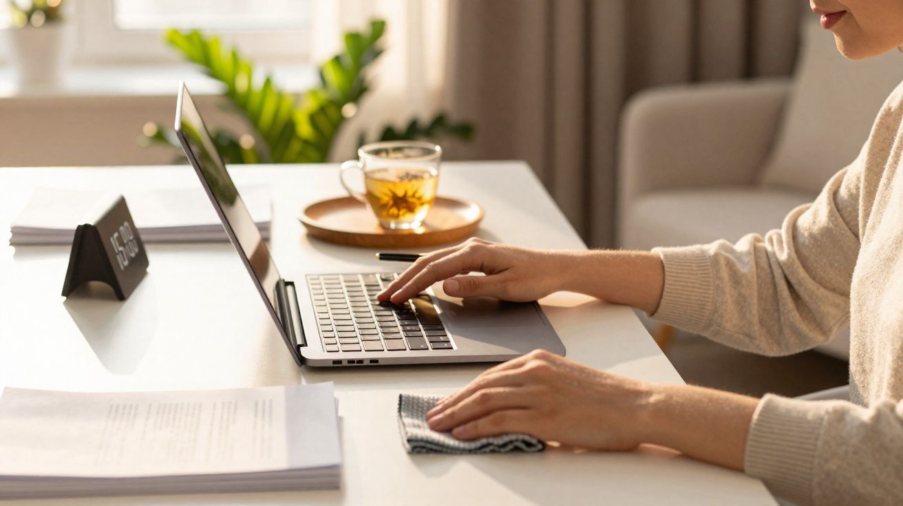 Personne nettoyant un clavier d'ordinateur portable avec un chiffon à côté d'une tasse de thé sur un bureau lumineux.