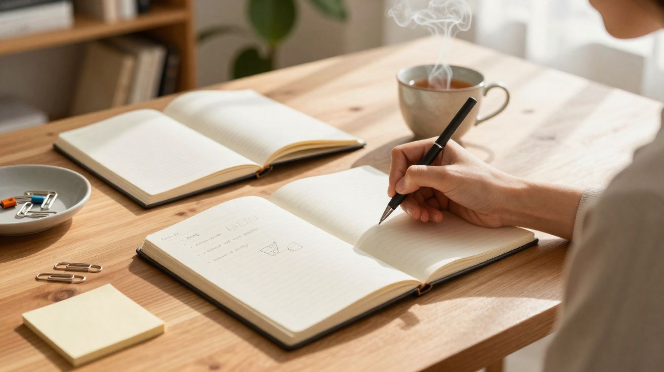 Une personne écrit dans un carnet ouvert sur une table en bois, avec une tasse de thé fumante à côté.