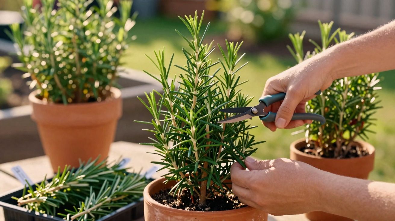 Personne coupant des feuilles de romarin dans un pot en terre cuite au jardin.