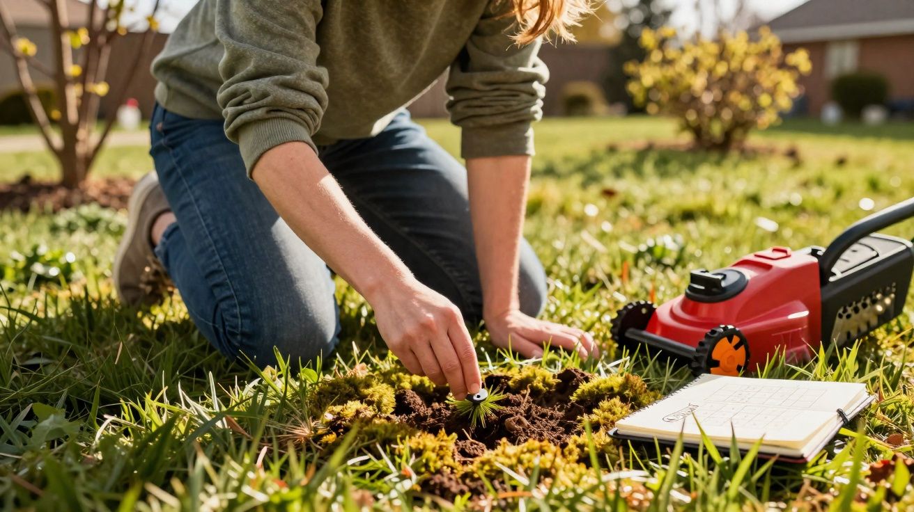 Personne agenouillée plantant une fleur dans un jardin avec tondeuse et carnet à côté sur l'herbe.