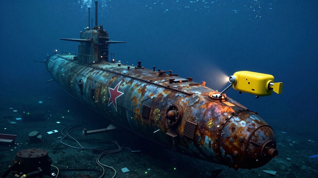 Sous-marin rouillé avec une étoile rouge exploré par un drone jaune dans les profondeurs marines.