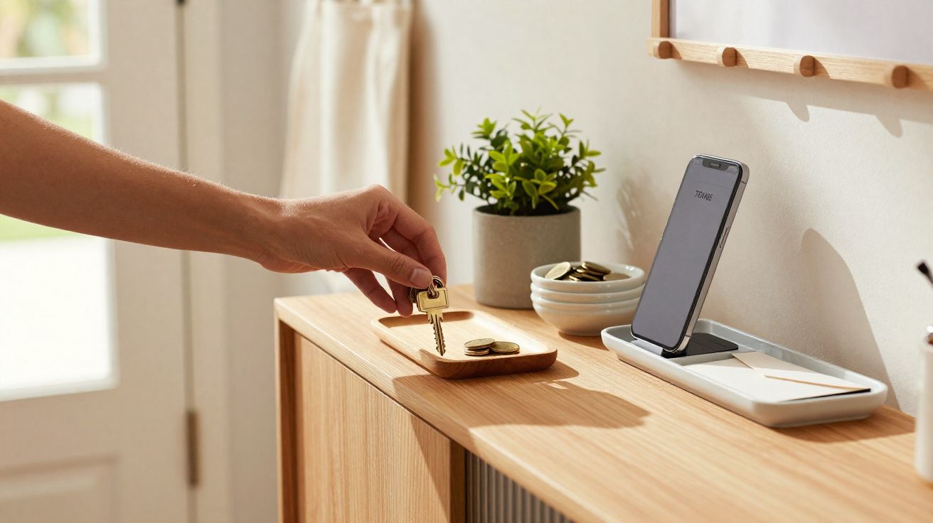 Main déposant des clés sur un meuble en bois avec téléphone, pièces de monnaie et plante décorative.