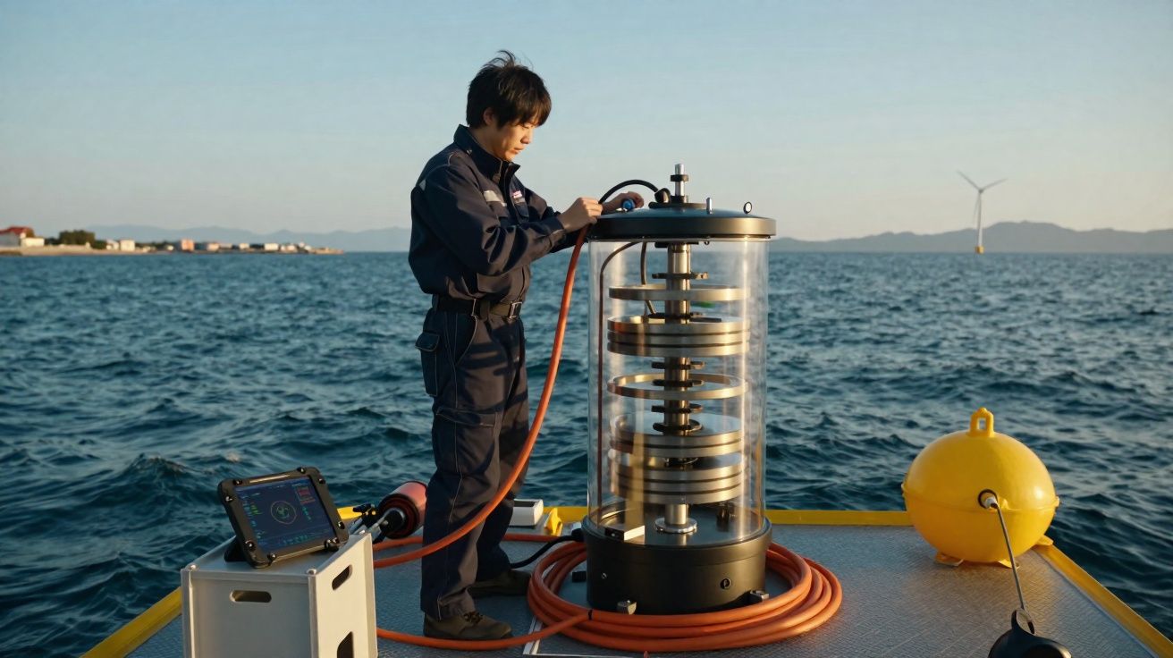 Technicien inspectant un équipement cylindrique transparent sur une plateforme en mer au coucher du soleil.