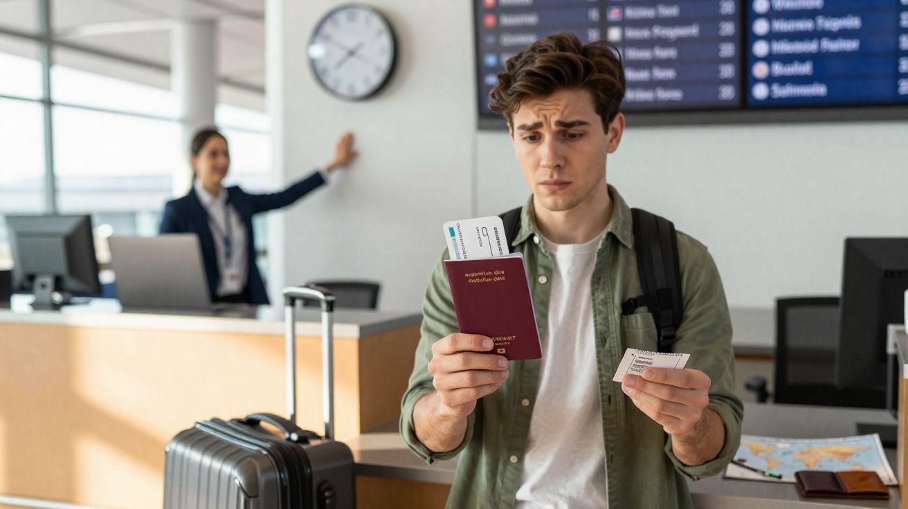 Jeune homme inquiet vérifiant son passeport et billet d’avion dans un aéroport avec une hôtesse en arrière-plan.