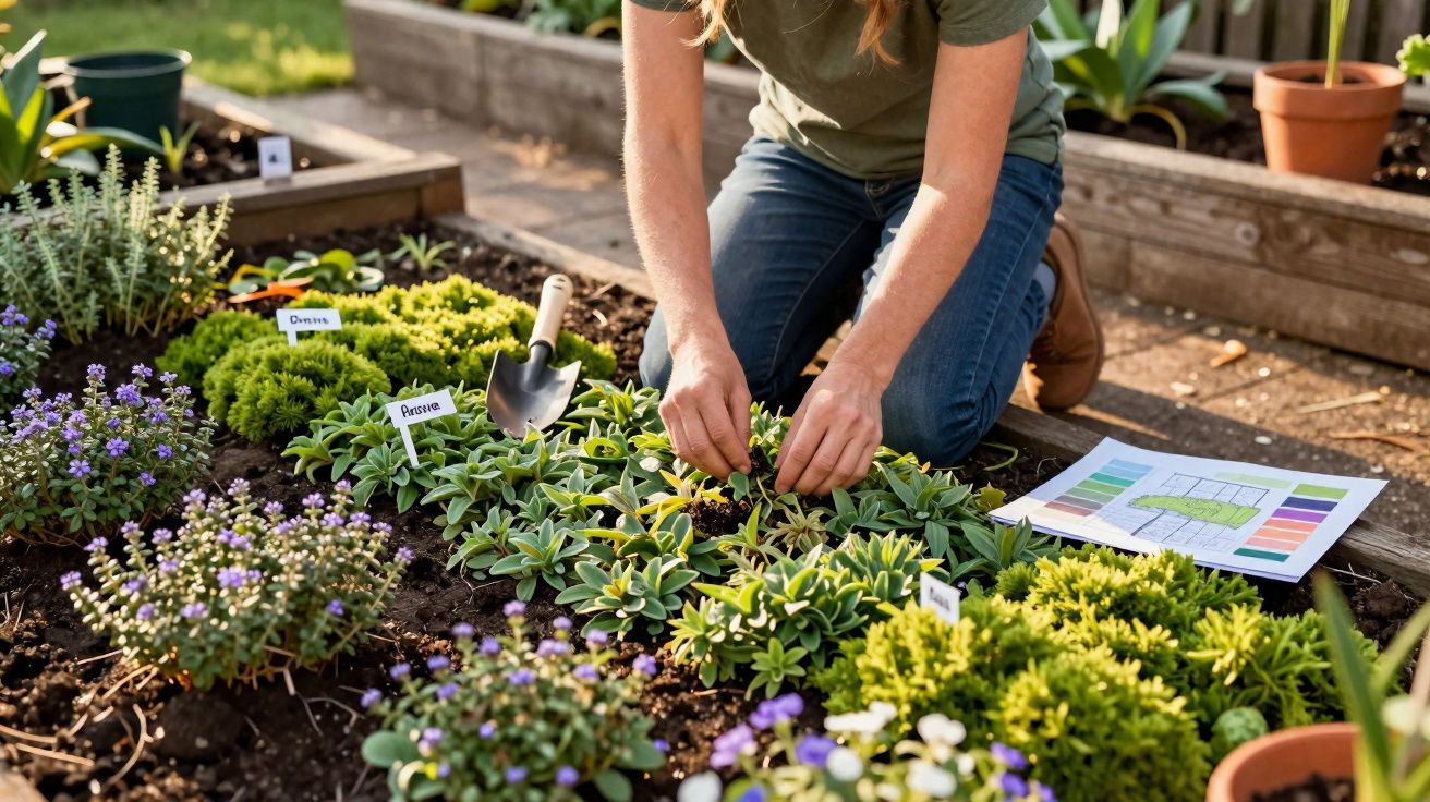 Personne agenouillée jardine des plantes dans un potager avec un plan et outils à côté.
