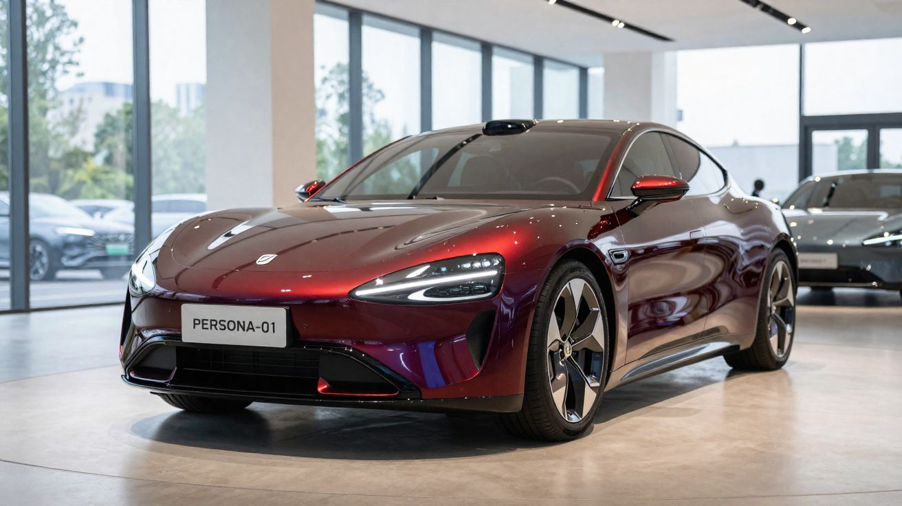 Voiture électrique sportive rouge foncé Persona-01 exposée dans un showroom lumineux avec vitres panoramiques.
