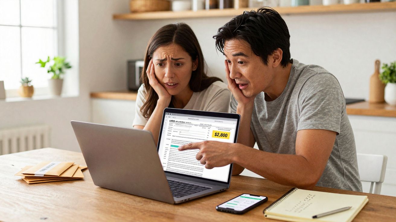 Un couple inquiet consulte un document de 2800 $ sur un ordinateur portable à une table en cuisine.