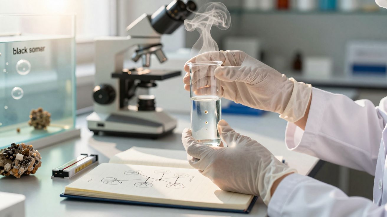 Scientifique en gants tenant une éprouvette fumante, microscope et notes en arrière-plan dans un laboratoire.
