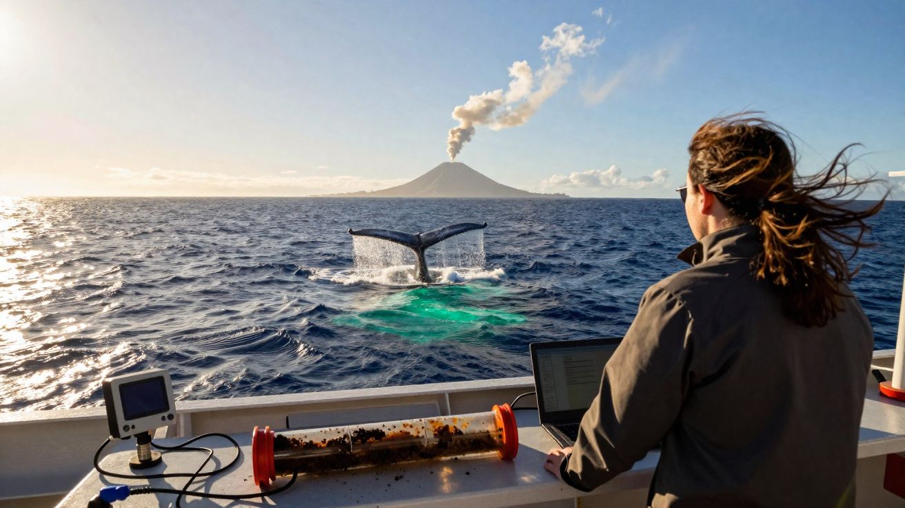 Personne sur un bateau observe une queue de baleine dans l'océan avec un volcan fumant en arrière-plan.