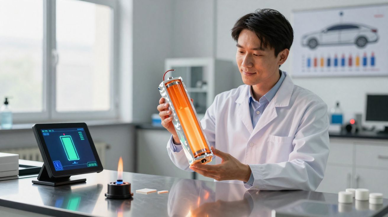 Scientifique en blouse blanche examinant une batterie cylindrique orange dans un laboratoire moderne.