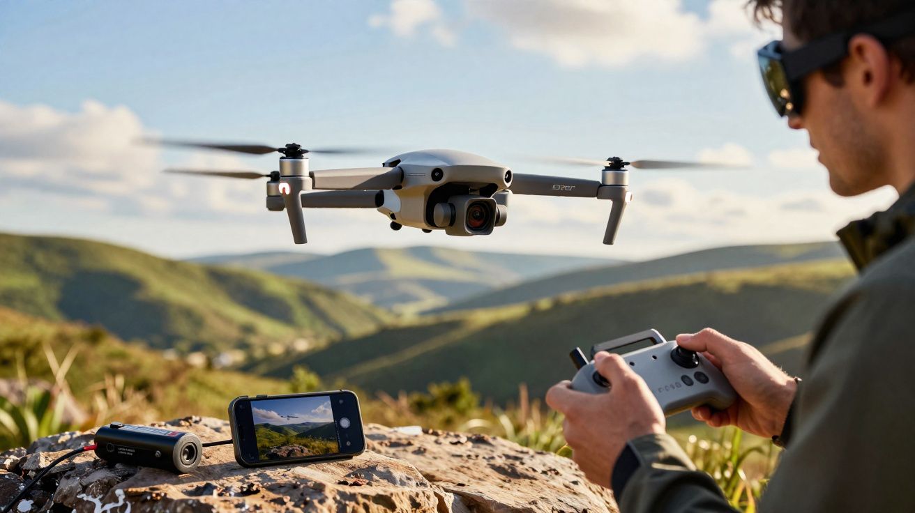 Un homme pilote un drone en extérieur avec un smartphone et une télécommande, paysage montagneux en arrière-plan.