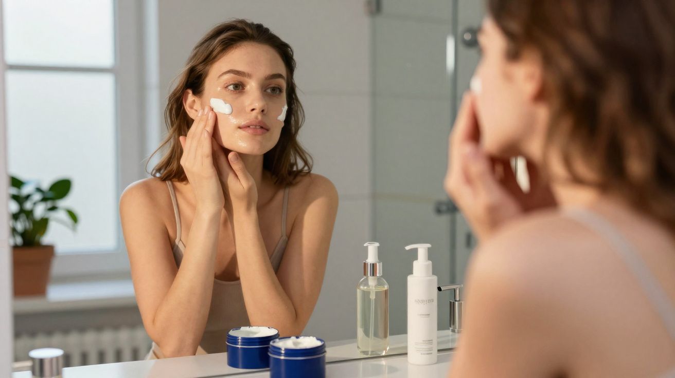Jeune femme appliquant de la crème hydratante sur son visage devant un miroir dans une salle de bain.
