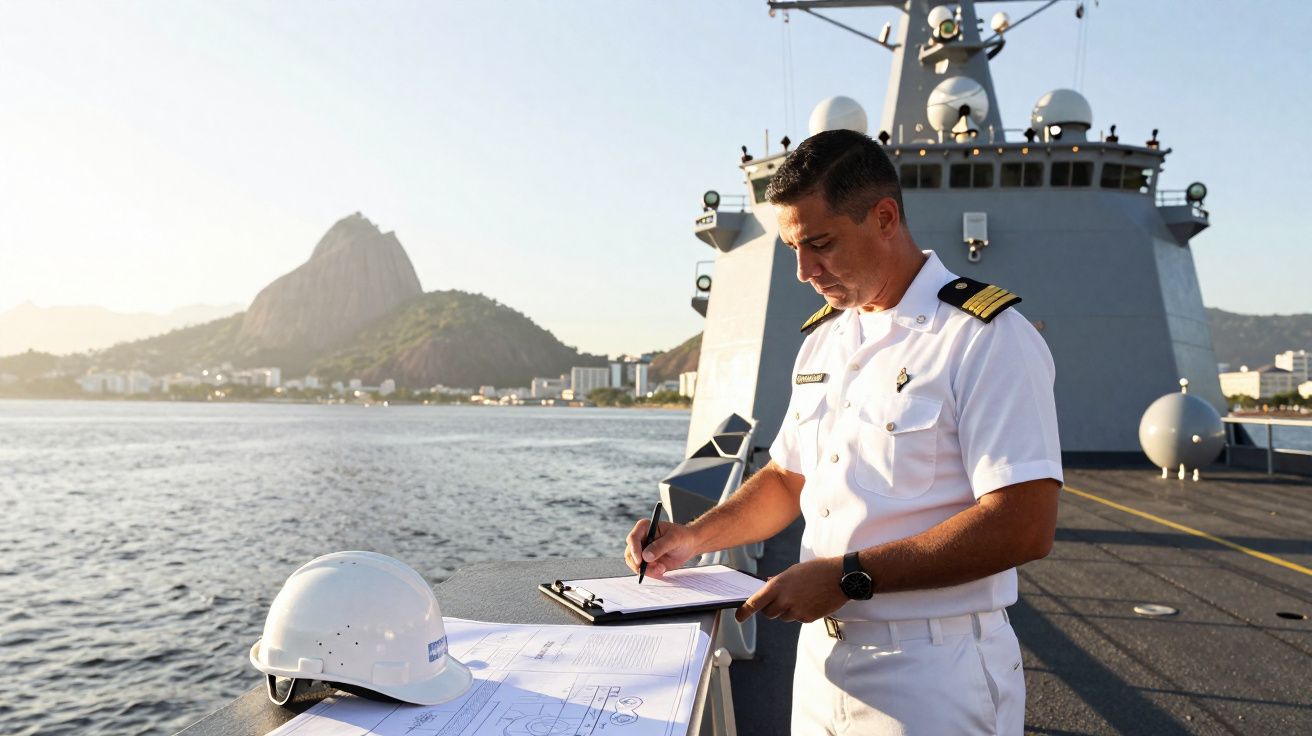 Officier naval en uniforme blanc écrivant sur un document sur le pont d'un navire avec montagne et eau en arrière-plan.