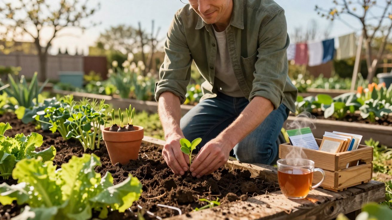 Homme en plein jardinage plantant une jeune pousse dans un potager surélevé, avec une tasse de thé à côté.