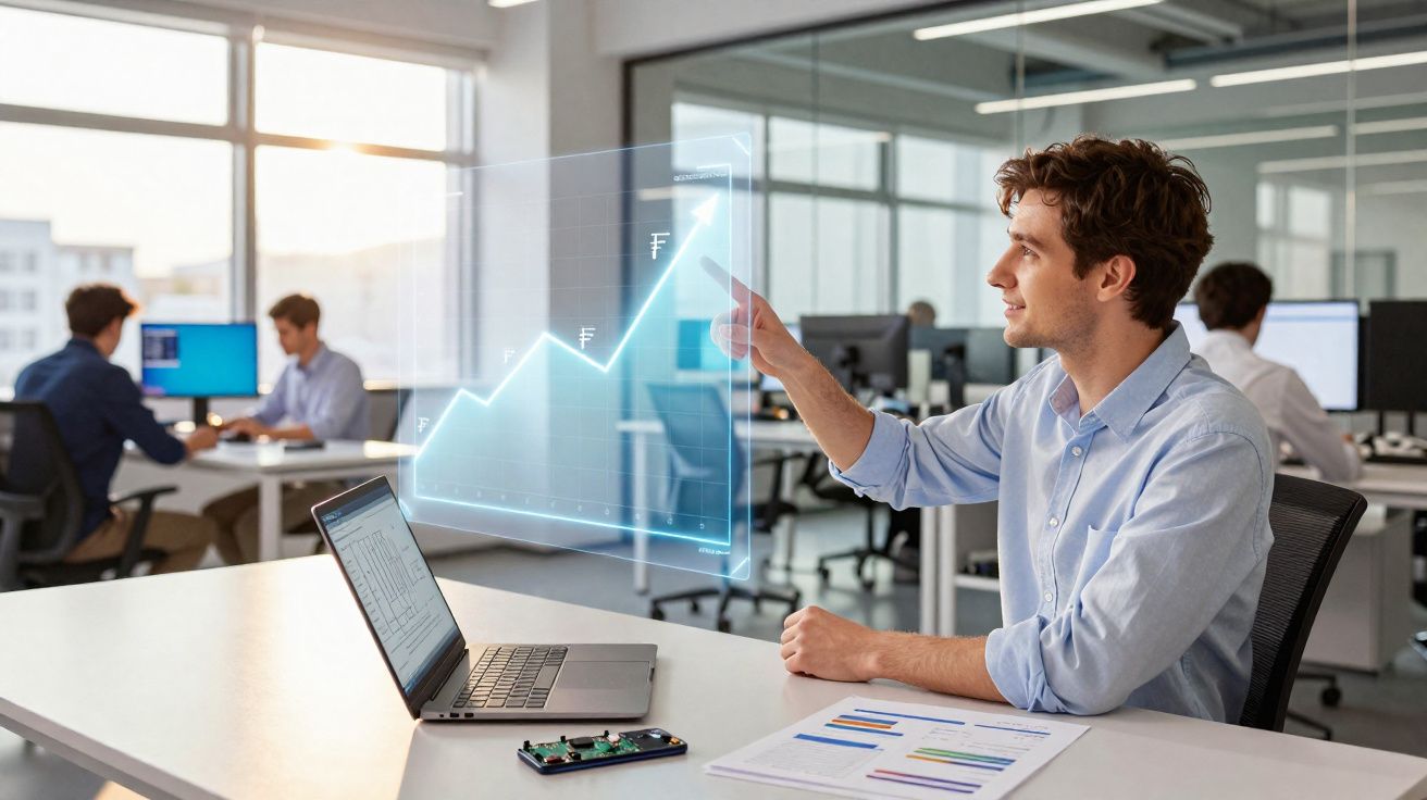 Jeune homme en chemise interagissant avec un graphique financier holographique dans un bureau moderne.